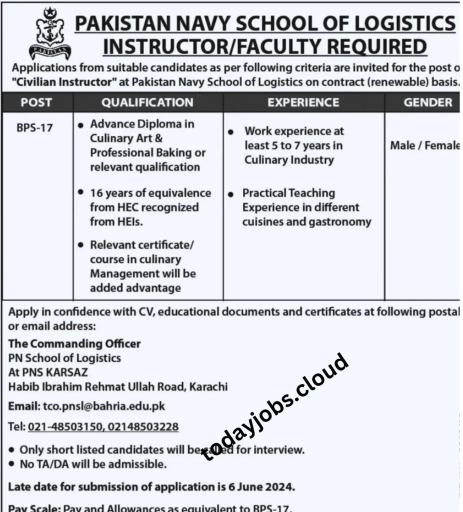 Pakistan Navy School of Logistics Job In Karachi 2024