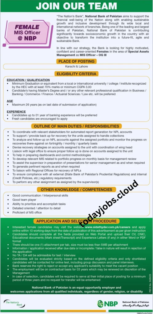 National Bank of Pakistan NBP Job In Karachi 2024