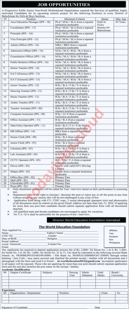 World Education Foundation Job In Quetta For Coordinator